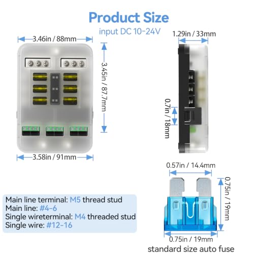 WUPP 12V Fuse Block with Relay, 6 Way Fuse Box with Acc Control, Universal Fuse Block and Relay Kit for Cars Trucks Marine Boat - size: 6 Way with Relay