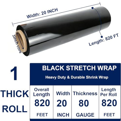 Black Stretch Wrap Film 20" x 820ft 80 Gauge Industrial Strength-1 Pack - color: Black