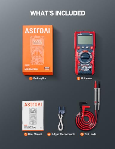 AstroAI 6000 Counts TRMS Auto-Ranging Digital Multimeter, NCV Live Wire Detection, Capacitance & Temperature Tester, CAT III 600V Safe for Home & Auto, Large Screen & Smart Safety Alert, Flashlight