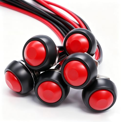 Twidec/6Pcs 12mm Momentary Push Button Switch 1/2" Mounting Hole On Off Mini Round Waterproof Red with Pre-soldered Wires PBS-33B-R-X - color: Red-12mm, size: Momentary