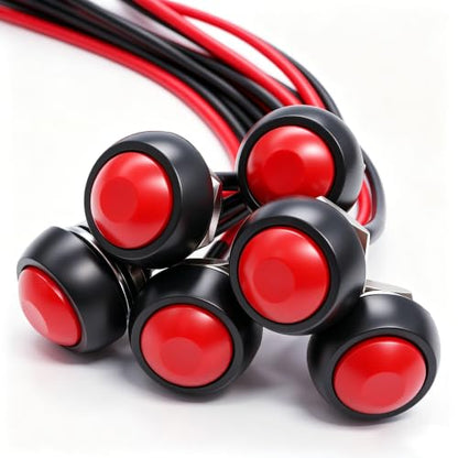 Twidec/6Pcs 12mm Momentary Push Button Switch 1/2" Mounting Hole On Off Mini Round Waterproof Red with Pre-soldered Wires PBS-33B-R-X - color: Red-12mm, size: Momentary