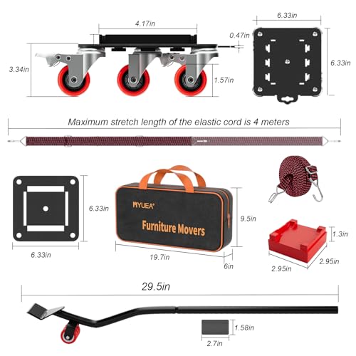 MYUEA Furniture Dolly 5 Wheels Heavy Duty with Removable Side Guards,3307 Lbs Capacity,360° Rotating Wheels & Tail Brake,Furniture Movers Lifter Tool with Wheels for Appliances,Sofas,Beds,Pianos - color: Red, size: 1.57 in wheels