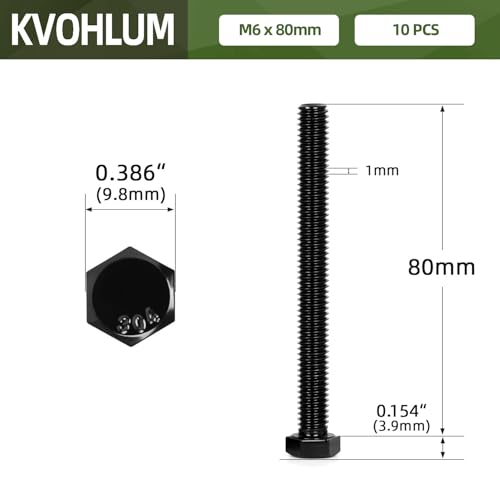 10 PCS M6 x 80mm Hex Head Screw Bolt, Stainless Hex Bolts, Full Thread, 18-8 Stainless Steel (304), Black Coating - size: M6 x 80mm