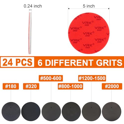 24 PCS 5 Inch Sanding Sponge Discs with Hook and Loop Backing - Multiple Grits 180 to 2000 for Random Orbital Sander Wood,Metal,Auto & Plastic Polishing - Dry and Wet Use Sponge Sandpaper - size: 5 In Mix Grit 24 PCS