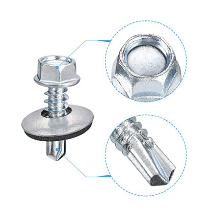 uxcell #12 x 3/4" Self Drilling Screws with Rubber Washer, 100pcs Zinc Plated Steel Roofing Screws Hex Head Self Tapping Screws with EPDM Washer for Metal to Metal - size: #12 x 3/4"
