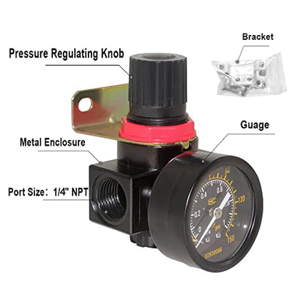 Beduan BR2000 Air Compressor Regulator Combo 1/4" NPT,Manual Drain with Bracket, Gauge - size: 1/4"NPT