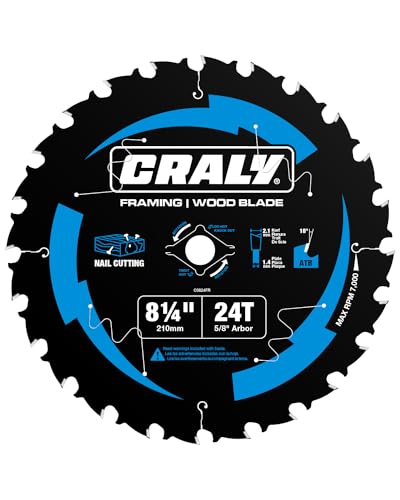 CRALY 8-1/4 Inch 24 Teeth Wood Cutting Framing Circular Saw Blade, 5/8 Inch Arbor, Carbide Tipped, Thin Kerf, Black Ice™, for Plywood, MDF, OSB, Laminated(C0824FR) - size: 8-1/4'', 5/8‘’ arbor, 24T