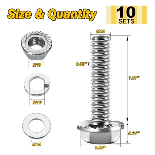 M10 x 40mm (10 Sets) M10x1.5 Bolt Flanged Hex Head Nuts and Bolts, M10 Flange Hexagon Screws with Nuts and Washers, 304 Stainless Steel 18-8 Metric Bolt Assortment, DIN 6921, By Mywish - color: Silver-M10, size: 40mm