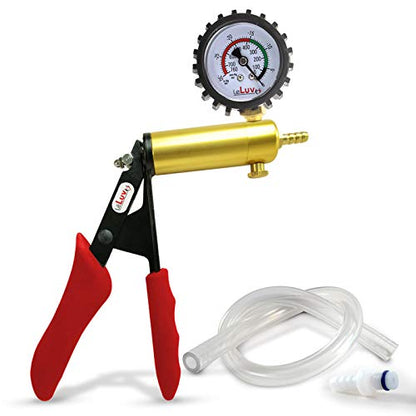 LeLuv Ultima Red Vacuum Pump - Aluminum Alloy & Brass Handle Manual Hand Vacuum (0-30 Hg, 0-760 mmHg), Gauge Installed with Protective Rubber Cover, Silicone Padded Grips with Clear Hose & Fitting - color: Brass + Red Silicone
