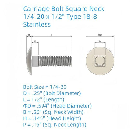 SANTIE 1/4"-20 x 1/2" Stainless Steel Carriage Bolts - size: 1/4"-20 X 1/2"(100pc)