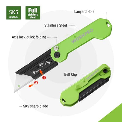 WORKPRO 2PCS EDC Folding Utility Knife, Mini Box Cutter with Quick Open Axis Lock, Quick Change Blade Razor Knife, Foldable Small Pocket Knife with Belt Clip, 2 Packs with 10 Extra Blades - color: Green