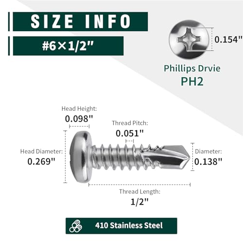 #6 x 1/2" Pan Head Self Drilling Screws, Phillips Drive, 410 Stainless Steel Sheet Metal Screws,Self Tapping, Dovetail, Pack of 100 - size: #6 x 1/2"