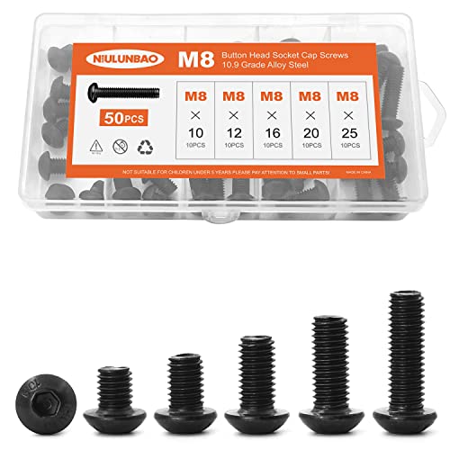 M8 x 10mm 12mm 16mm 20mm 25mm Button Head Socket Cap Screws Bolts 10.9 Grade Alloy Steel, Black Oxide Finish, Metric Allen Hex Drive, Machine Fully Threaded, Assortment Kit 50PCS - size: M8 x 10/12/16/20/25mm (50PCS)
