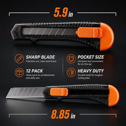 REXBETI 12-Pack Utility Knife, Retractable Box Cutter for Cartons, Cardboard and Boxes, 18mm Wider Razor Sharp Blade, Smooth Mechanism, Perfect for Office and Home use