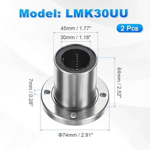 PATIKIL LMK30UU Linear Ball Bearings 30mm Bore Dia 45mm OD 64mm Long 7mm Hole, 2Pcs Round Flange Linear Motion Bushing Double Side Rubber Sealed Rod Liner Shaft for CNC Machine 3D Printer - size: 30mm