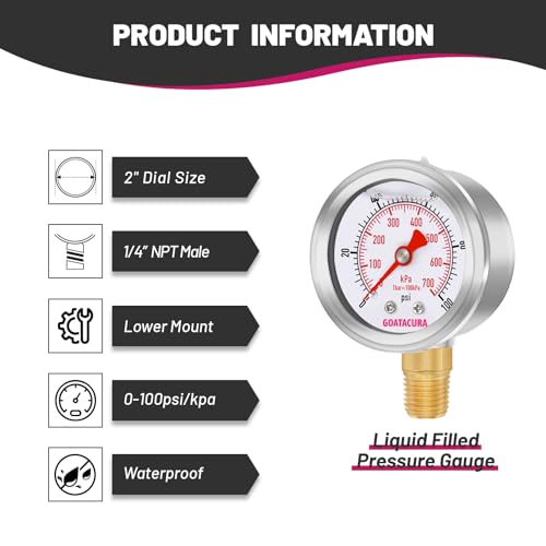 0-100psi/kpa Glycerin Filled Pressure Gauge, 2" Dial Size, 304 Stainless Steel Case, 1/4" NPT Lower Mount, with High Accuracy, for Measuring Water Air Hydraulic Pressure - size: 0-100psi, style: Lower Mount