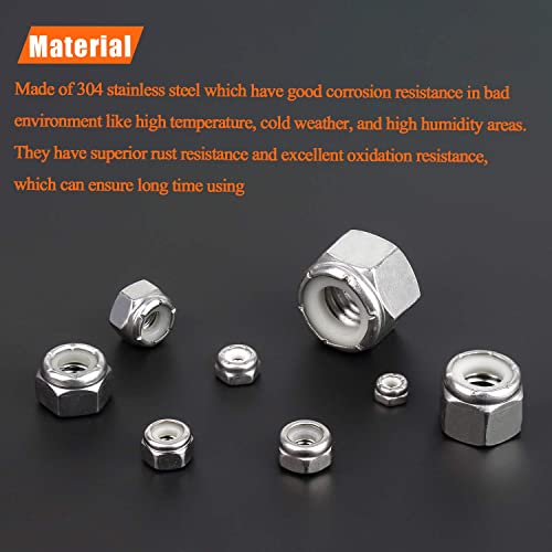 HELIFOUNER 50 Pieces 1/4"-20 Nylon Insert Hex Lock Nuts, 304 Stainless Steel (18-8) Locknuts, Bright Finish, Coarse Thread - size: 1/4"-20 (50 pcs)