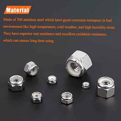HELIFOUNER 50 Pieces 1/4"-20 Nylon Insert Hex Lock Nuts, 304 Stainless Steel (18-8) Locknuts, Bright Finish, Coarse Thread - size: 1/4"-20 (50 pcs)