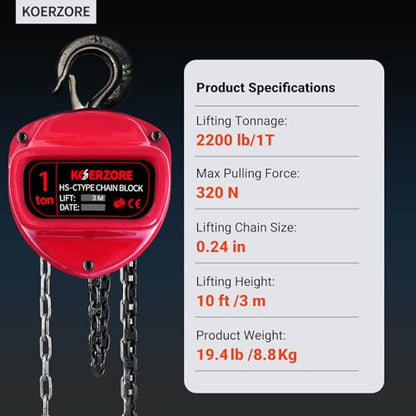 1 Ton Hand Chain Hoist for Engine Lift, Warehouses, Automotive - size: 1Ton 10FT