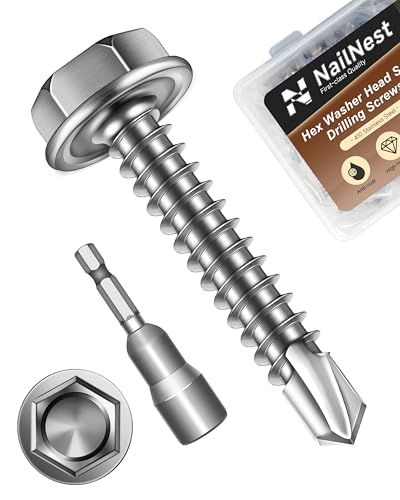 100PCS #8 x 1 Self Drilling Screws, Self Tapping Screws for Metal, 410 Stainless Steel Hex Washer Head Sheet Metal Screw, Bright Finish with 7mm Hex Socket - color: Silver, size: #8 x 1"