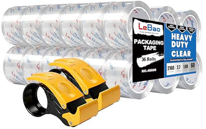 Heavy Duty Packing Tape with Dispenser, 36 Rolls x 1.88 in. x 60 yds. x 2.7 MiL, Strong Hold HD Clear Packaging Tape Secure Sealing for Cardboard, Bubble Wrap, Shipping Supplies, Total 2160 yds. - size: 36-PACK, 60yd.x 1.88'' x 2.7mil thick