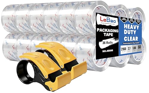 Heavy Duty Packing Tape with Dispenser, 36 Rolls x 1.88 in. x 60 yds. x 2.7 MiL, Strong Hold HD Clear Packaging Tape Secure Sealing for Cardboard, Bubble Wrap, Shipping Supplies, Total 2160 yds. - size: 36-PACK, 60yd.x 1.88'' x 2.7mil thick