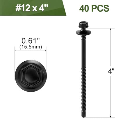 40 PCS #12 x 4 Black Self Drilling Metal Roofing Screws, Hex Head Self Tapping Sheet Metal Roof Screw with Rubber Washer for Wooden Siding - size: #12 x 4"