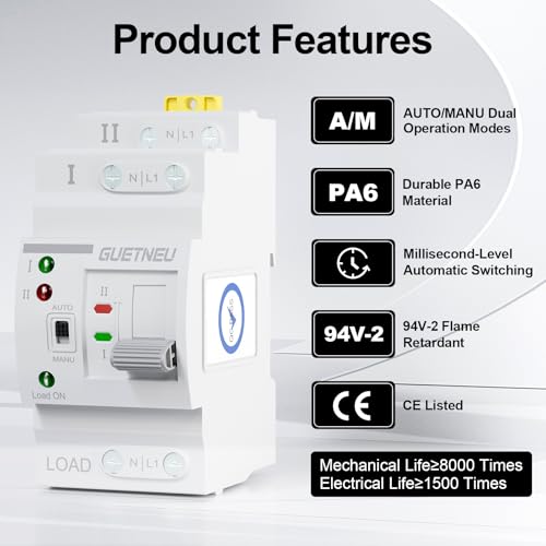 ATS Dual Power Automatic Transfer Switch, 2P 63A 220V Manual Switch - size: 2P