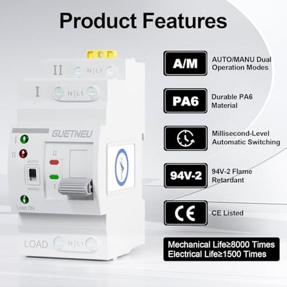 ATS Dual Power Automatic Transfer Switch, 2P 63A 220V Manual Switch - size: 2P
