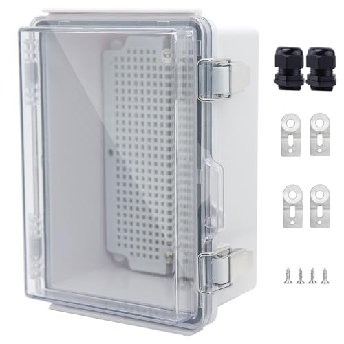 IP67 Waterproof Junction Box, ABS Plastic Electrical Enclosure with Stainless Steel Latch, Hinged Cover Electric Box with Mounting Plate, Wall Brackets & Cable Glands 175x125x90 - color: Clear, size: 6.9''x4.9''x3.5''