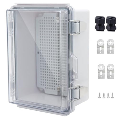 IP67 Waterproof Junction Box, ABS Plastic Electrical Enclosure with Stainless Steel Latch, Hinged Cover Electric Box with Mounting Plate, Wall Brackets & Cable Glands 175x125x90 - color: Clear, size: 6.9''x4.9''x3.5''