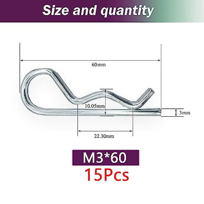 15Pcs Heavy Duty Hitch Pins Clip R Clips Cotter Pins, White Zinc Plated Spring Retaining Wire Hair Pins， Large for Trailer Tractors Mower Carts Truck Pin Clip，Strong Spring Tension M3x60mm - size: M3×60mm-15pcs White zinc-plated