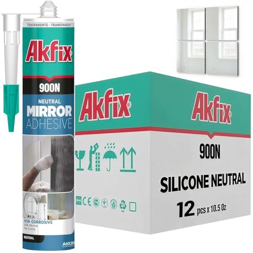 Akfix 900N Clear 100% Silicone Adhesive for Mirror (12x10.5 fl.oz.) - Solvent-Free Mirror Adhesive, Low Odor, Non-Corrosive, Durable, Fast Curing, Paintable, Flexible Silicone Caulk | Clear, 12 Pack - size: 12 Pack, style: Mirror Adhesive-Clear