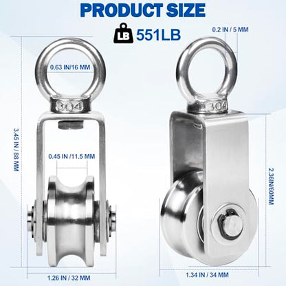 Cable Pulley Wheel Stainless Steel, M34 Single Pulley Snatch Block, Heavy Duty Lifting Crane Swivel Hook, Bearing Inside Rope Pulleys for Lifting System Gym Equipment Clothesline, 551 lbs Load, 2 Pack - size: M34 - 2 Pack