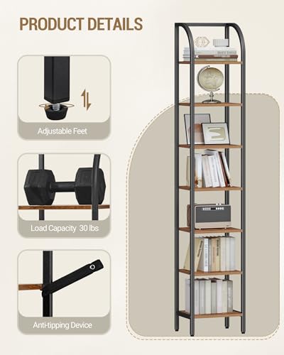 Hzuaneri Bookshelf Narrow Bookcase, Tall Storage Rack with Steel Frame - color: Rustic Brown, size: 11.8 × 11.8 × 82 inch