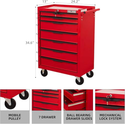 7-Drawer Toolbox with Wheels, Rolling Toolbox - color: Red-7