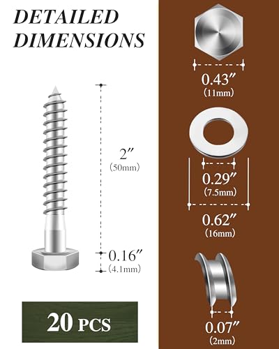 (1Box) 1/4" x 2" Hex Head Lag Screws Bolts with Flat Washers, 20Sets 304 Stainless Steel 18-8 Heavy Duty 1/4 Lag Bolts for Wood with Hex Socket - size: 1/4" x 2", style: 1-Box