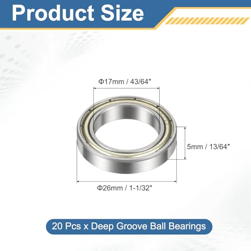 uxcell 6803-ZZ Deep Groove Ball Bearing, 17mm x 26mm x 5mm 20Pcs - size: 17mm x 26mm x 5mm