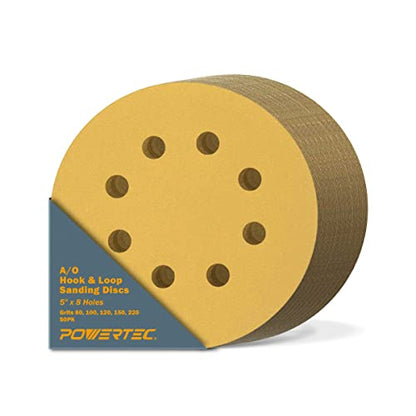 POWERTEC 5 Inch 8 Hole Sanding Discs - 80/100/120/150/220 Grits Sandpaper (10 Each, 50-Pack), Assorted 5" Hook and Loop Sanding Pads for Orbital Sander, DA Sander, Air Sander (44000XG-50)