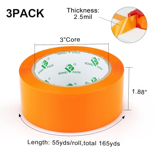 BOMEI PACK Packing Tape with Red Dispenser Orange Packaging Tape for Shipping Moving Strong Sealing Adhesive Industrial Depot Tapes for Storage 1.88 inch x 55 Yards, 3 Rolls - color: orange