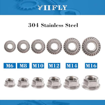 M6x1mm Metric Serrated Hex Flange Nuts, 304 Stainless Steel (A2-70), DIN 6923, Bright Finish, 50PCS - color: Silver, size: Silver M6 x 1mm