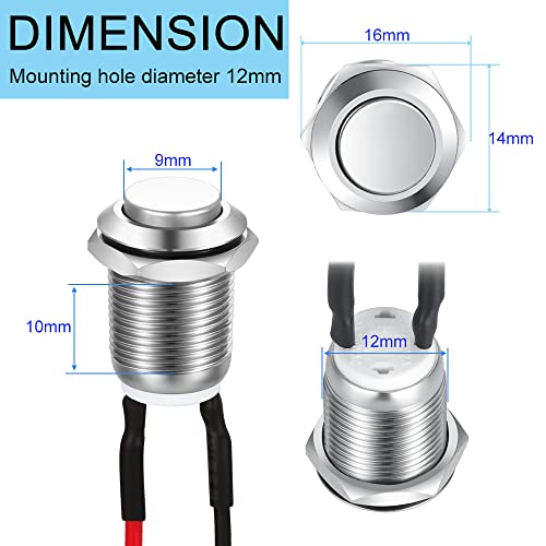 Gebildet 3 Pcs 12mm Prewired High Head Waterproof Push Button Latching 2A 12V/24V/125V/250V AC Self-Locking Stainless Steel Push Button On Off - color: SS-Latching