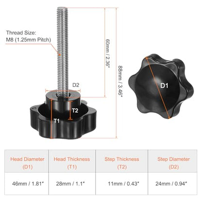 HARFINGTON 2pcs Star Knobs M8 x 60mm 304 Stainless Steel Threaded Stud 46mm Plastic 6-Star Head Hand Tightening Thumb Screw Clamping Jig Knob Handle, Black - size: M8 x 60mm x 46mm