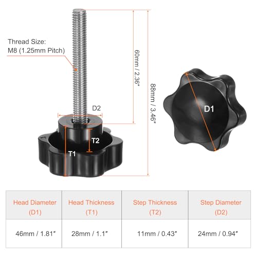 HARFINGTON 2pcs Star Knobs M8 x 60mm 304 Stainless Steel Threaded Stud 46mm Plastic 6-Star Head Hand Tightening Thumb Screw Clamping Jig Knob Handle, Black - size: M8 x 60mm x 46mm