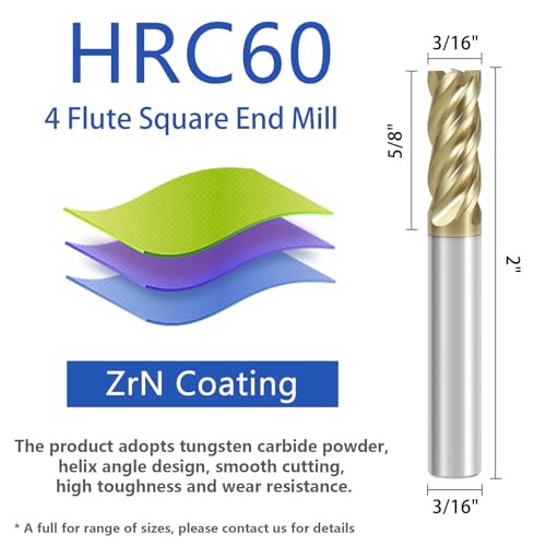 3/16" Carbide Square End Mill Unequal Helix Design for Steel - size: 3/16 in