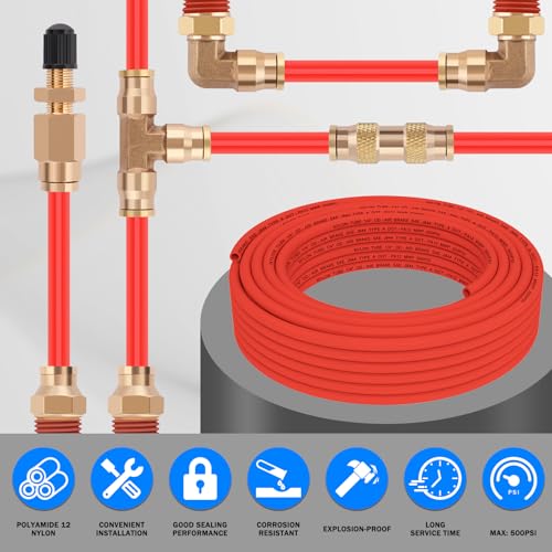 CheeMuii 50FT 1/4" DOT Air Line 1/4 Air Hose PA12 Nylon Pneumatic Tubing - color: Red, size: 1/4"OD-50FT