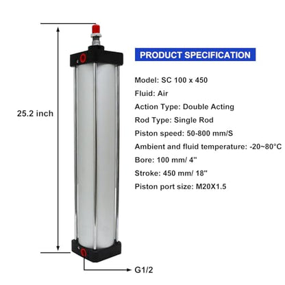 Air Cylinder Pneumatic Cylinder Aluminum Alloy Double Acting Single Rod Bore 4 inch Magnetic Stroke 18 inch