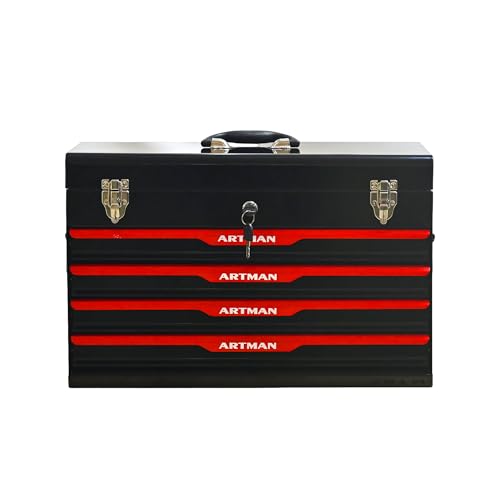 21-Inch 4-Drawer Heavy Duty Metal Tool Box, Portable Steel Chest With Eva Liners, Ball Bearing Slides, Locking Lid, 200lbs For Garage, Workshop, Home & Auto Mechanics (4, Black+Red(ARTMAN)) - color: Black+Red(ARTMAN)
