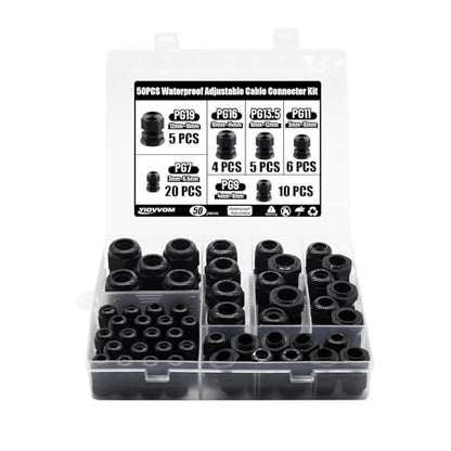 Cable Glands 50 pcs Cable Gland Waterproof joints, Adjustable Black 3-16mm Waterproof Cable Connectors PG7 PG9 PG11 PG13.5 PG16 PG19 Plastic 4 cable glands and Gaskets in PP Box - color: Black