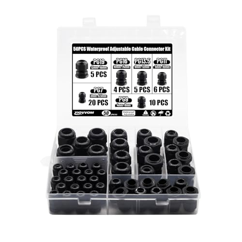 Cable Glands 50 pcs Cable Gland Waterproof joints, Adjustable Black 3-16mm Waterproof Cable Connectors PG7 PG9 PG11 PG13.5 PG16 PG19 Plastic 4 cable glands and Gaskets in PP Box - color: Black